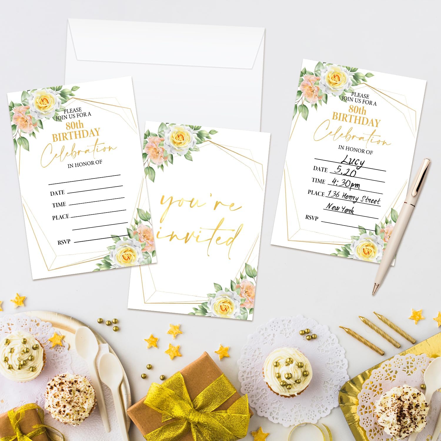80th Floral Birthday Invitations Set 20PCS
