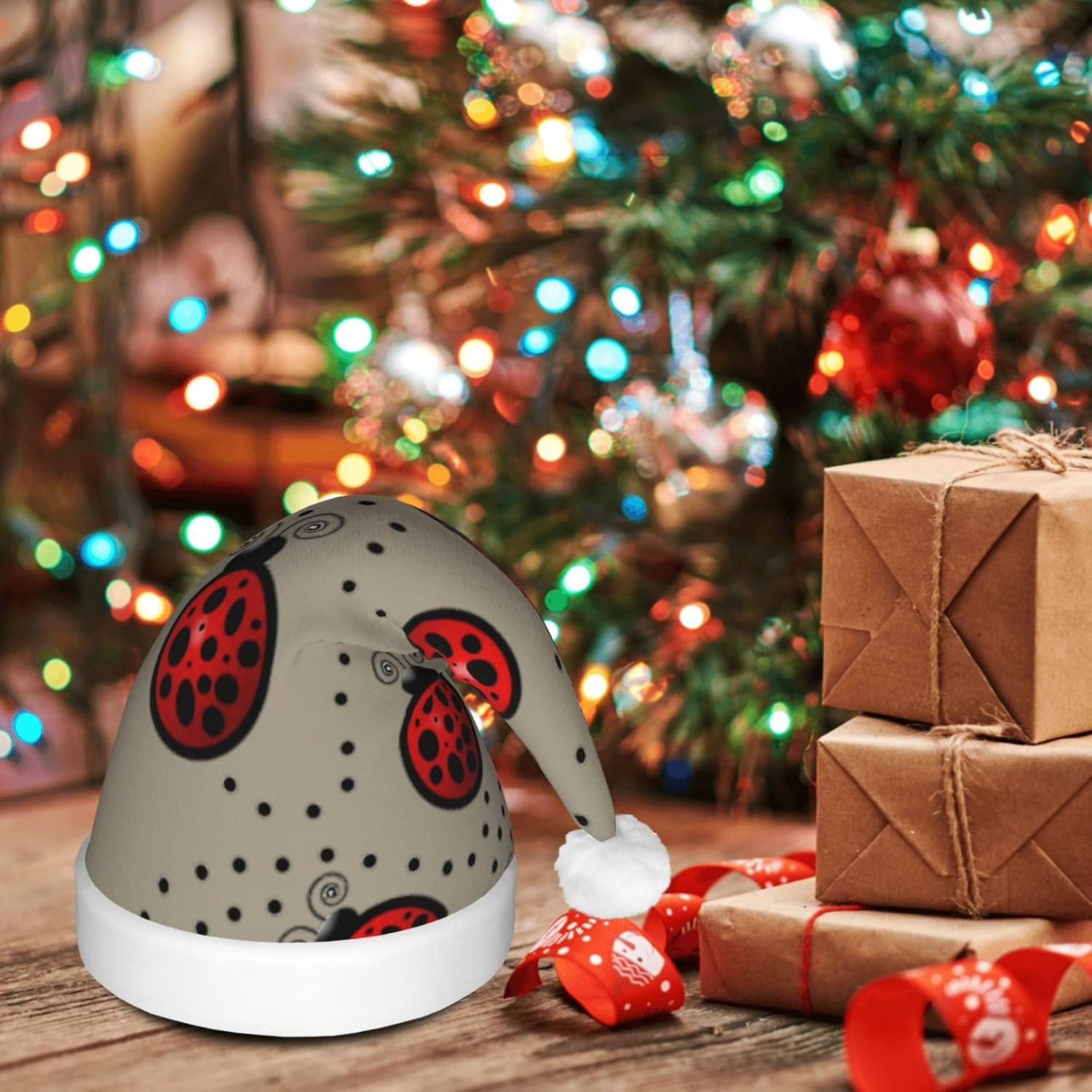 Art Ladybug Tracks Print Christmas Hat with LED Lights