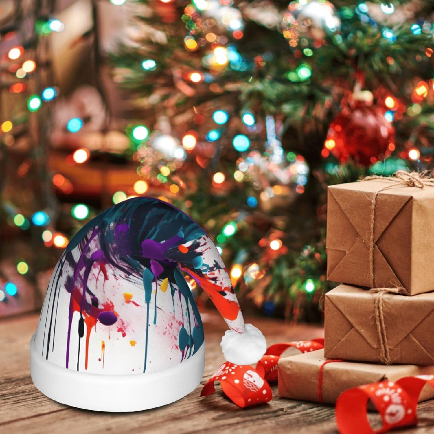 Paint Splatter Print Christmas Hat with LED Lights