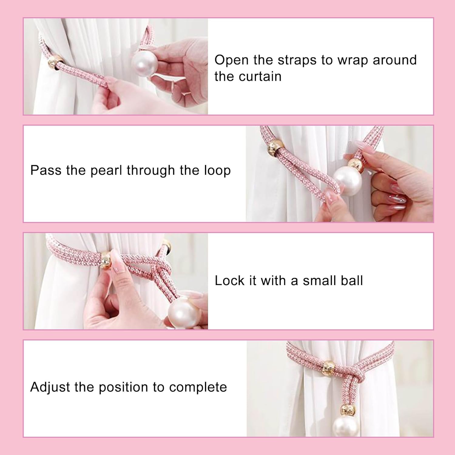 2 Pack Pink Adjustable Curtain Tiebacks with Large Imitation Pearls