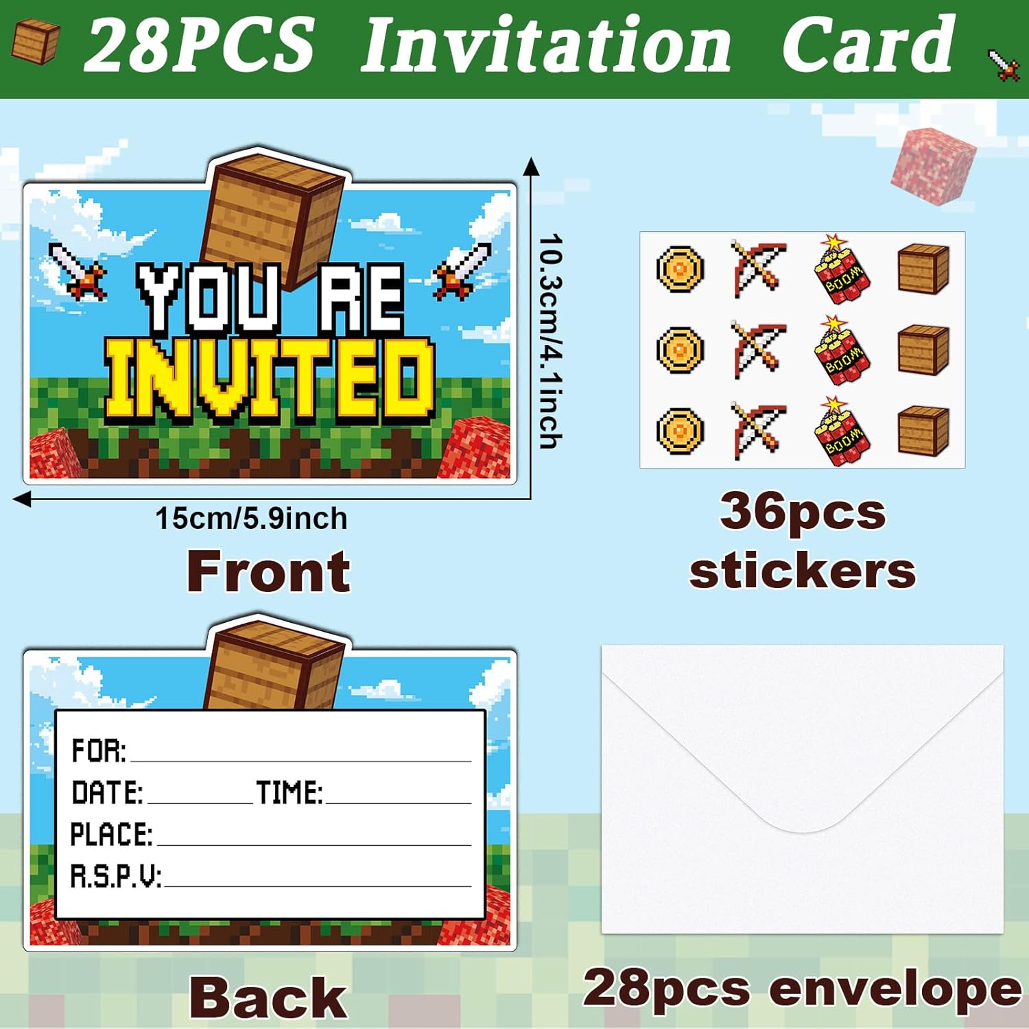 28 Piece Pixel Birthday Invite Set with Envelopes and Stickers