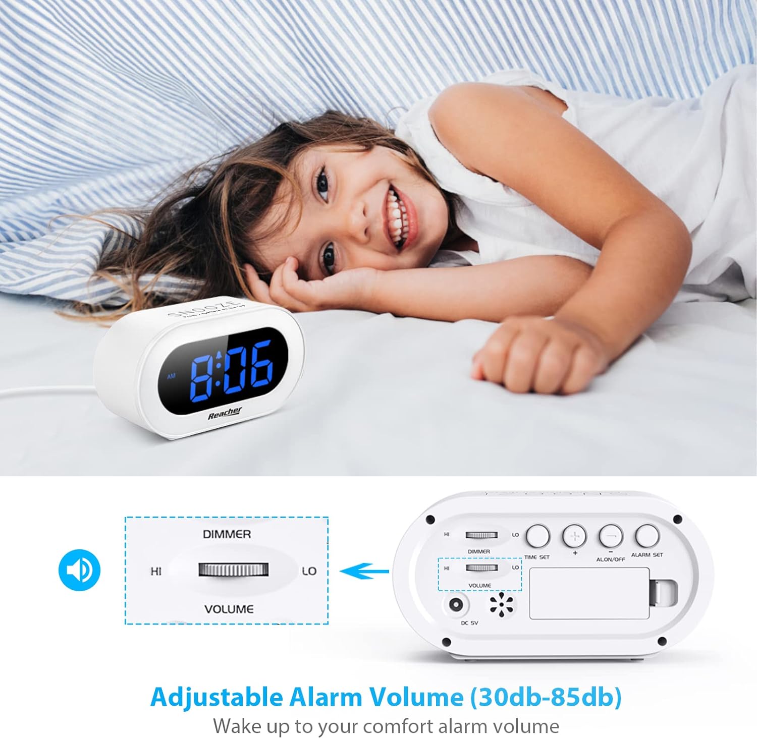 REACHER Small LED Digital Alarm Clock with Snooze and Brightness Control