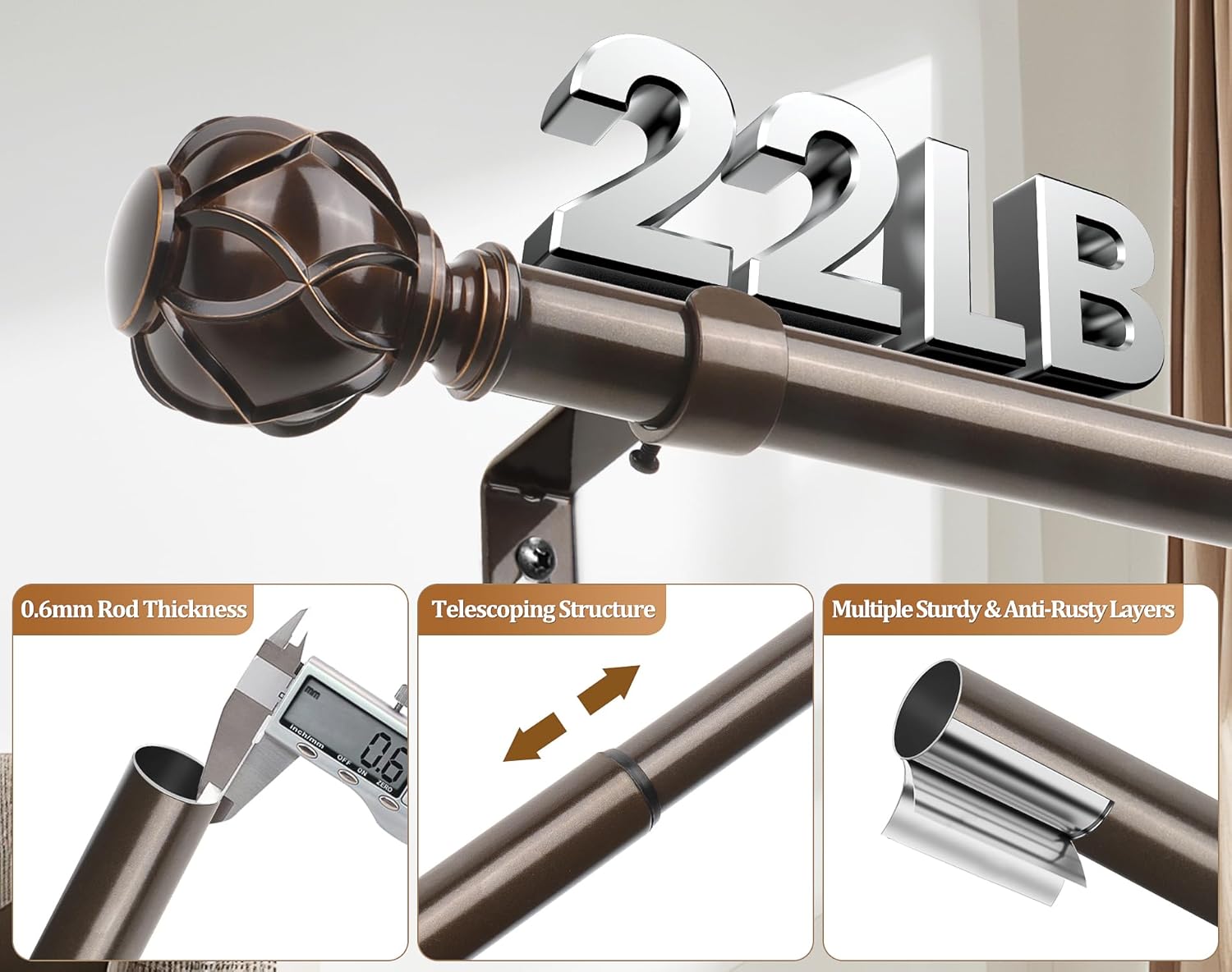 HOTOZON Bronze Curtain Rods 2 Pack Adjustable Splicing