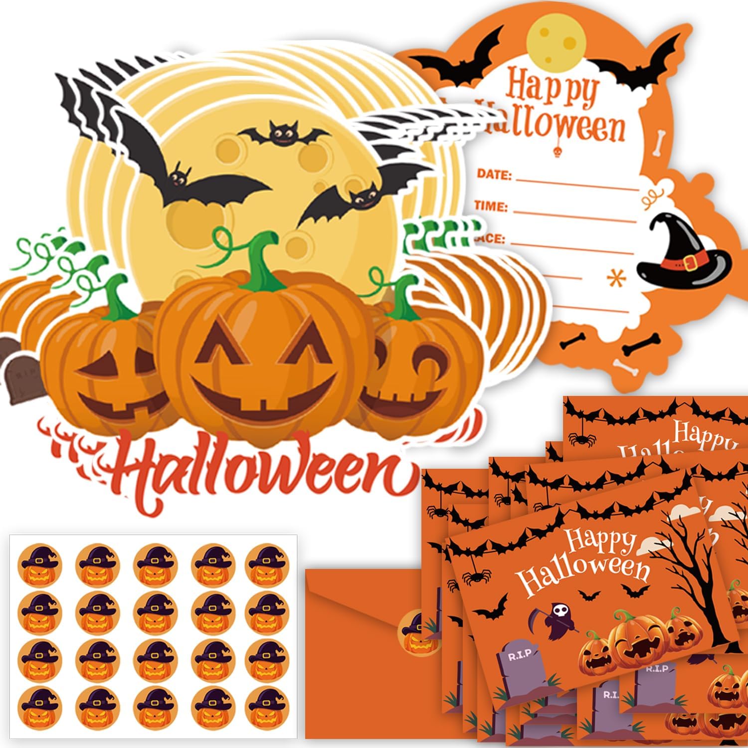 20 Halloween Party Invitations with Envelopes and Stickers