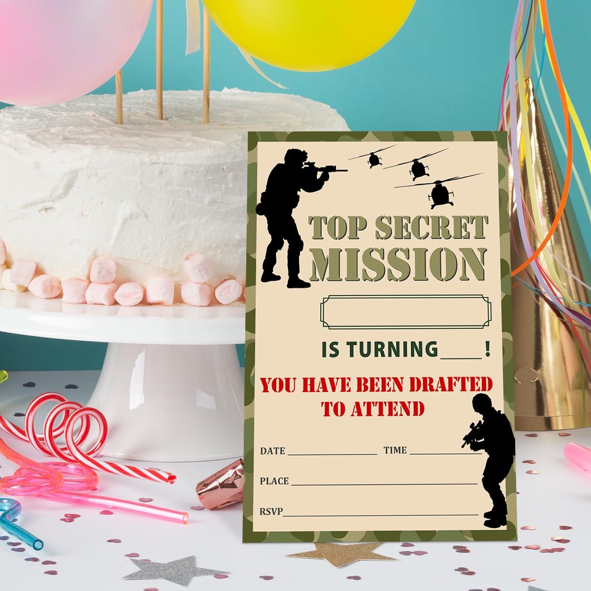 Camo Military Birthday Invitations Set with Envelopes 4x6