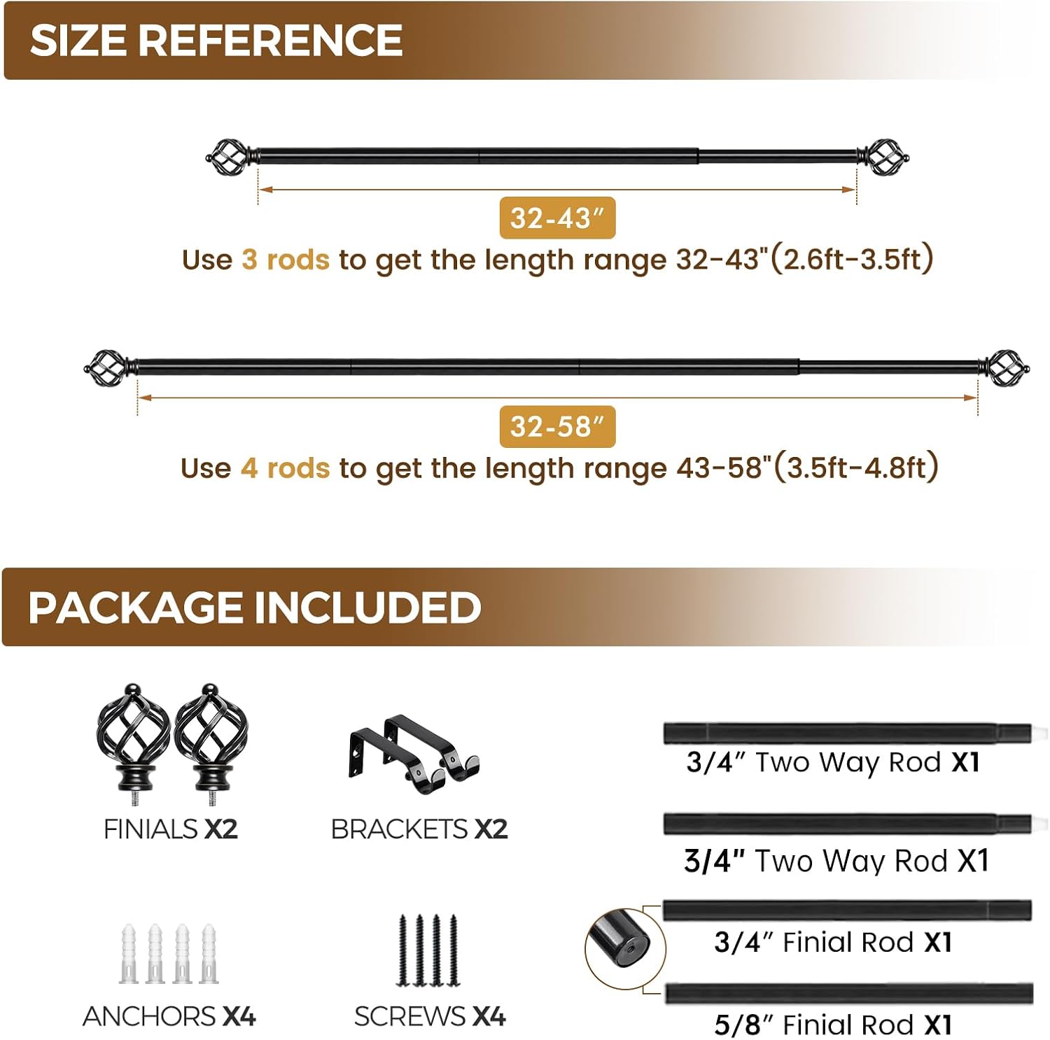 KAMANINA Black Adjustable Curtain Rod 32-58 Inch