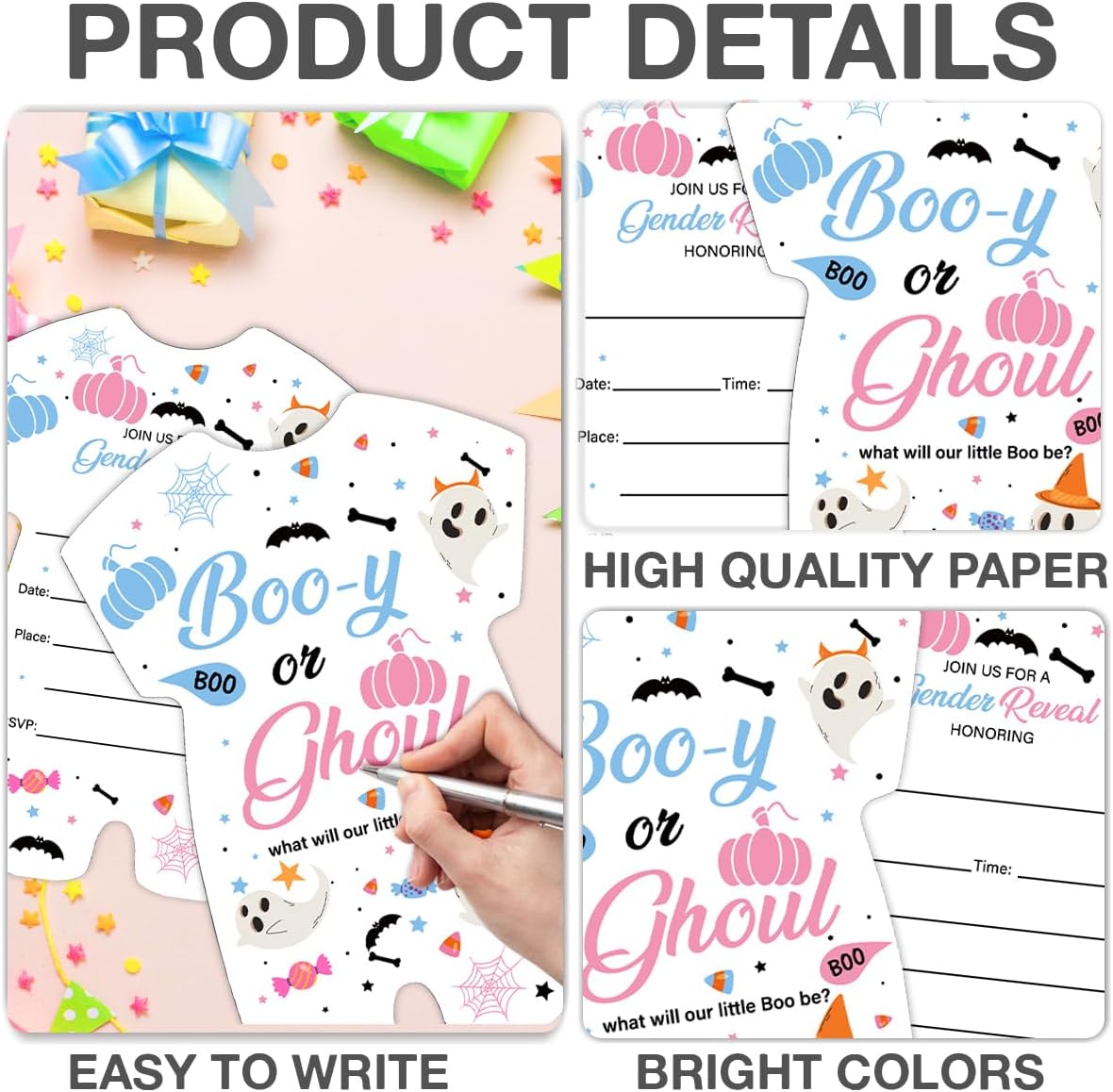 Halloween Gender Reveal Invitations Boo or Ghoul Shaped Set of 20