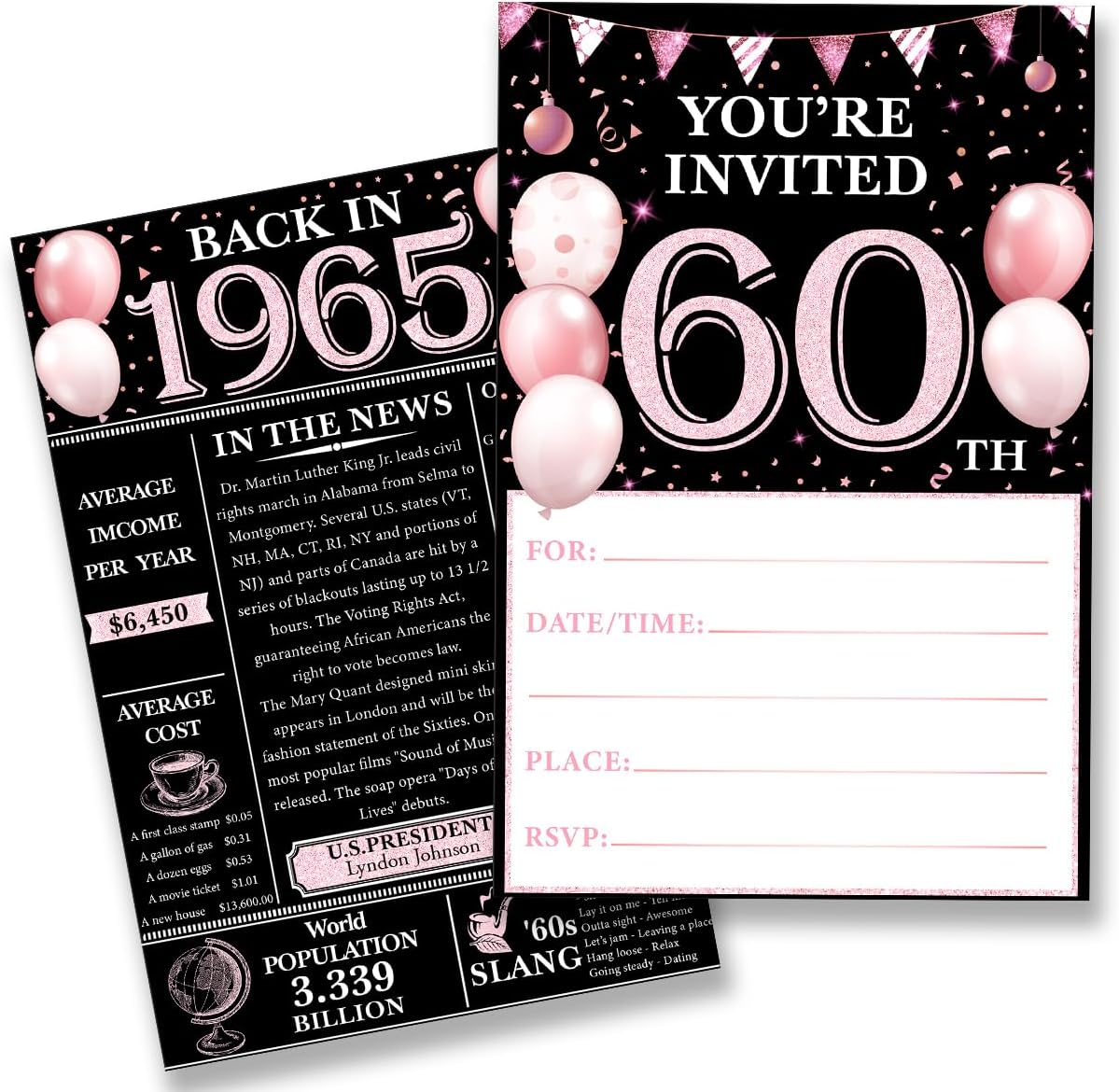 60th Birthday Invites Set - Pink Retro 1965 Design for Women and Men