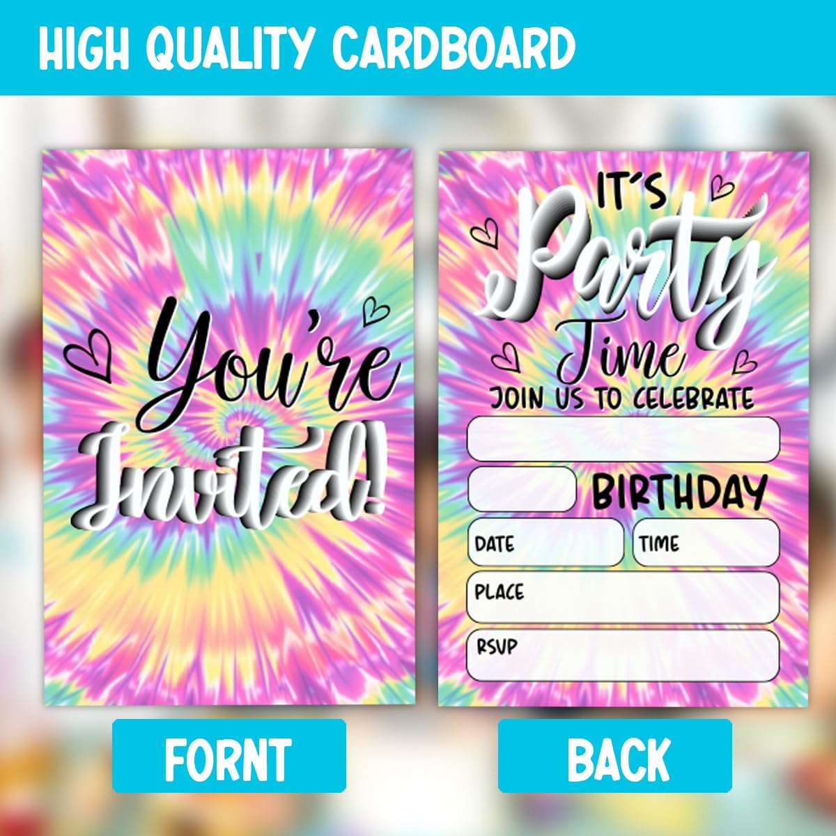 Rainbow Tie Dye Birthday Party Invitations Set