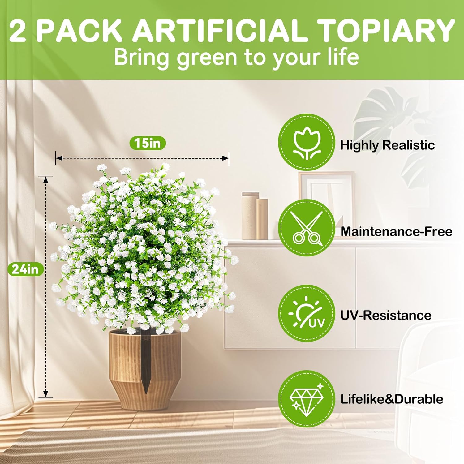 2 Pack Artificial Boxwood Topiary Trees with UV Resistant Ground Spikes