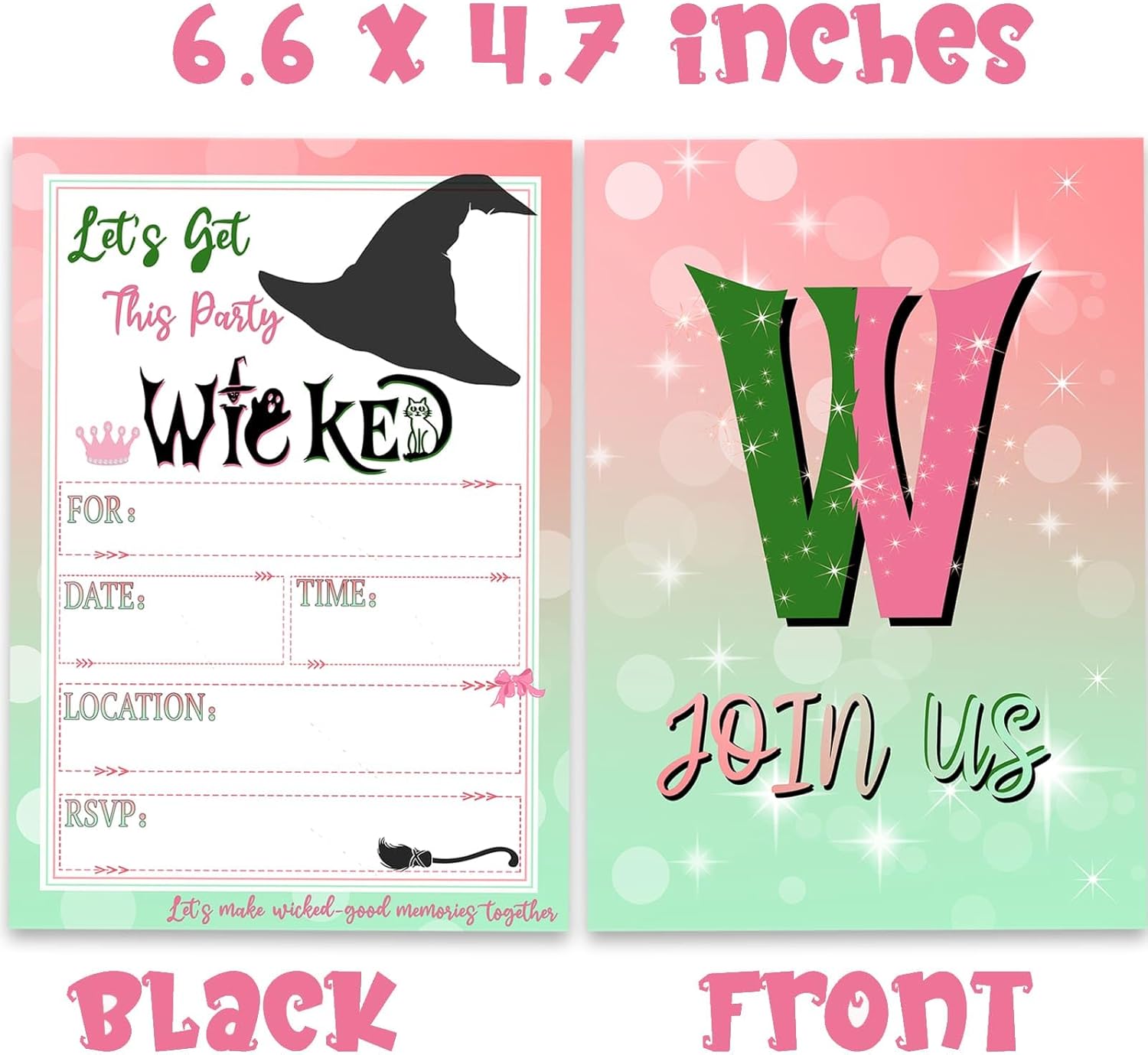 Green Pink Witch Themed Party Invites 15 Cards with Envelopes