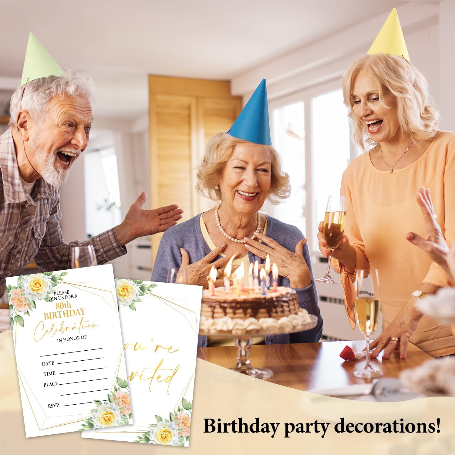 80th Floral Birthday Invitations Set 20PCS