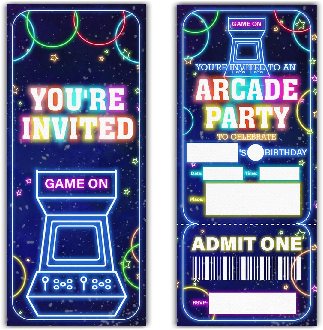 Arcade Party Invitations Set of 20 with Envelopes