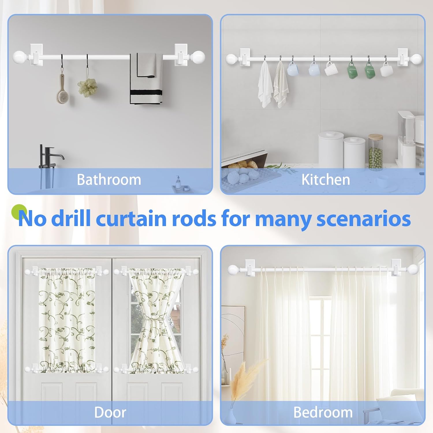 White No Drilling Curtain Rods Adjustable for Windows 32-45 Inches