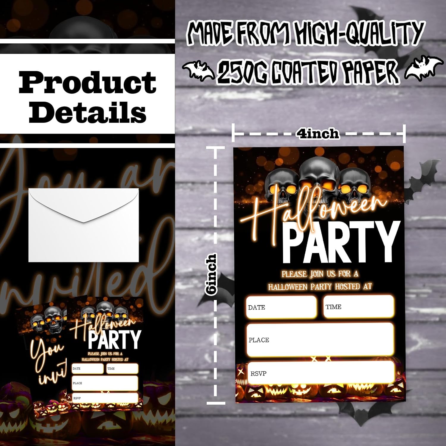 4 x 6 Halloween Party Invitations Skull Design - 25 Cards with Envelopes