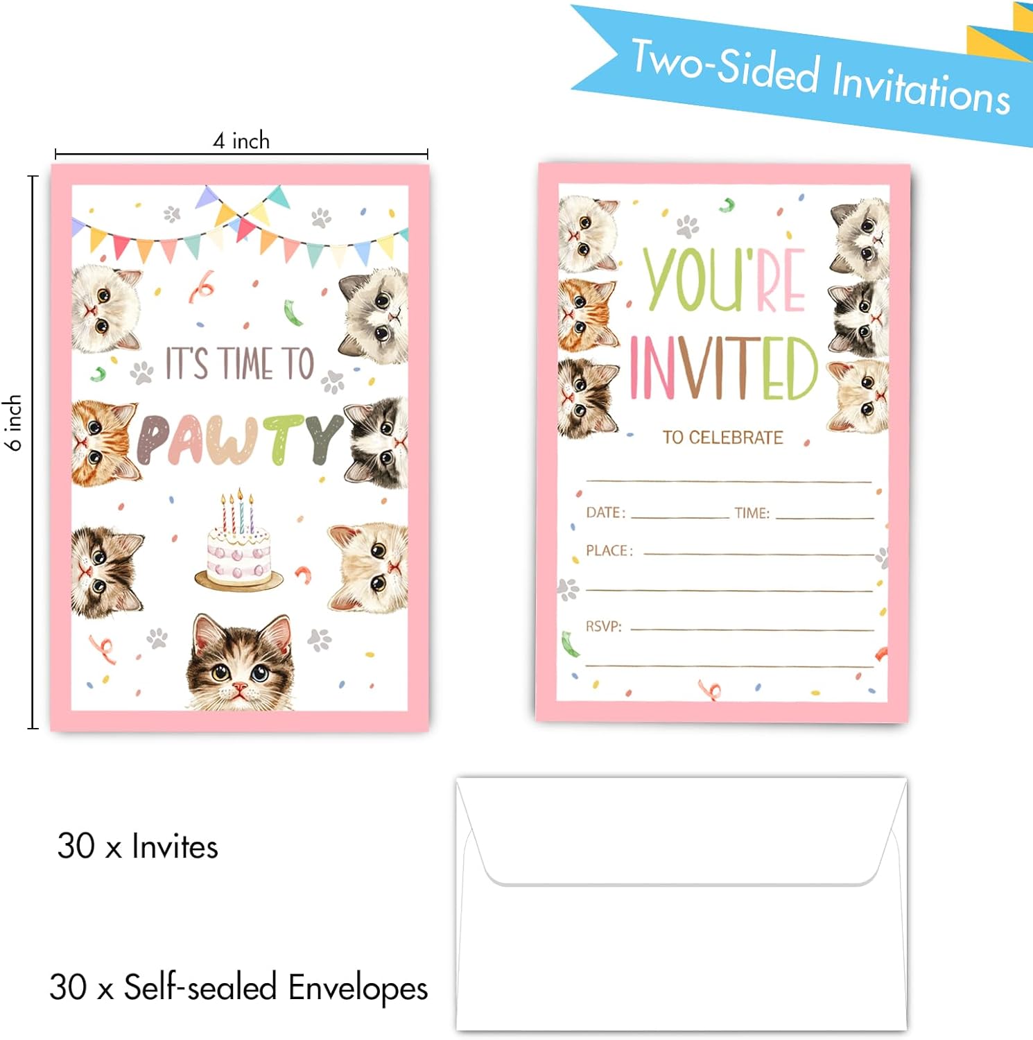 Cute Cats Birthday Invites with Envelopes 30 Count