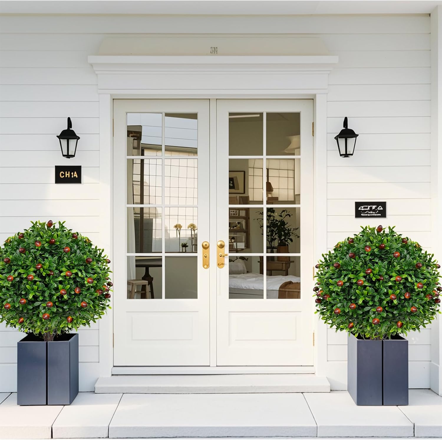 Artificial Olive Boxwood Topiary Ball Trees 2 Set 16 Inch UV Resistant