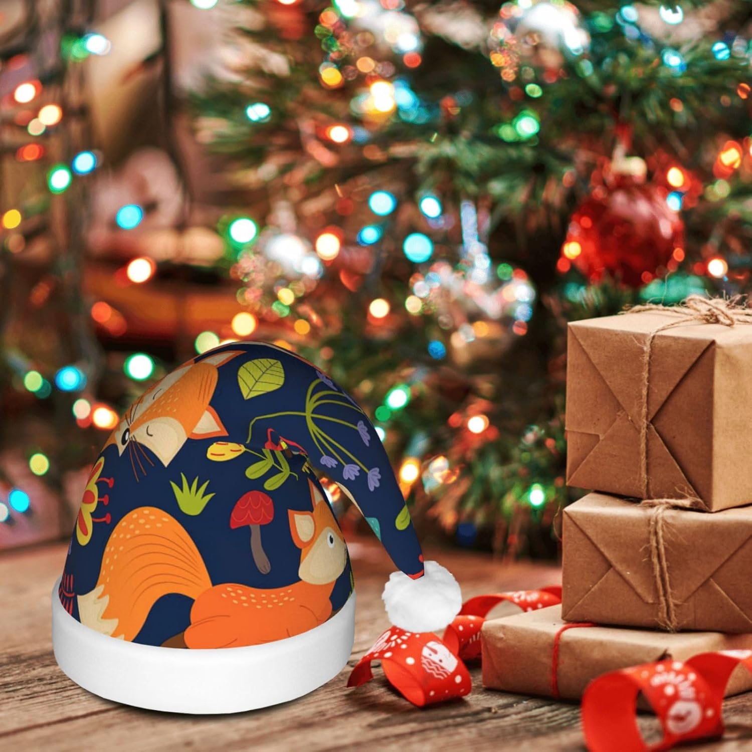 Cute Animal Fox Flower Print Christmas Hat with LED Lights