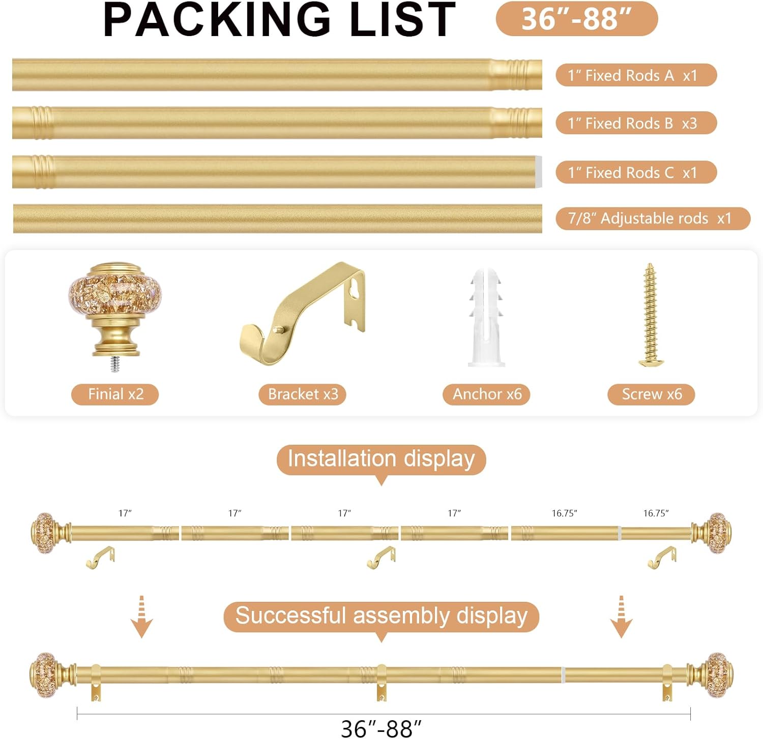 Gold Curtain Rods 48 to 84 Inch Vintage Crystal Finials
