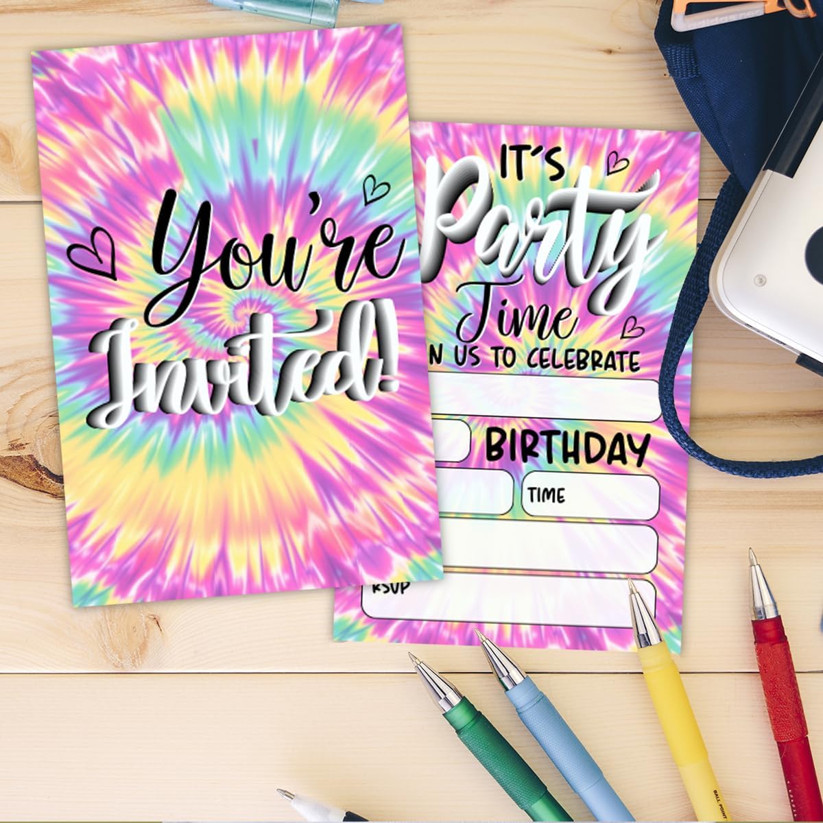 Rainbow Tie Dye Birthday Party Invitations Set