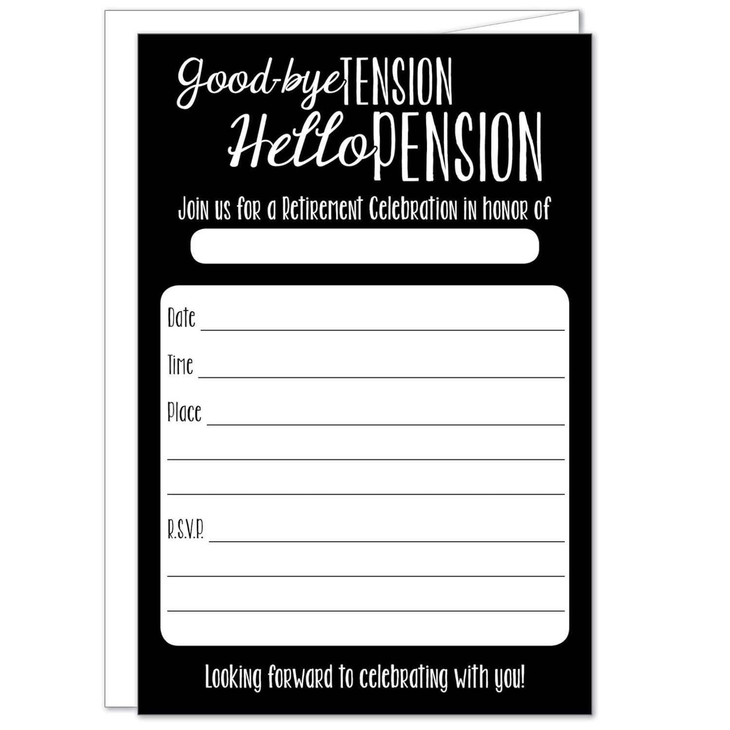 20 Retirement Party Invitations with Envelopes - Goodbye Tension Hello Pension 1