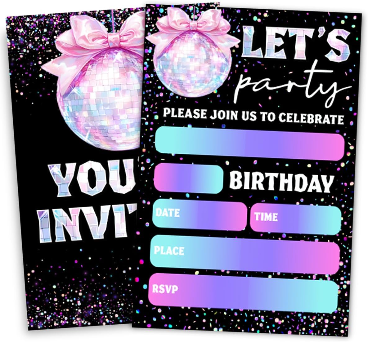 Glitter Disco Birthday Party Invitations with Pink Bow Design