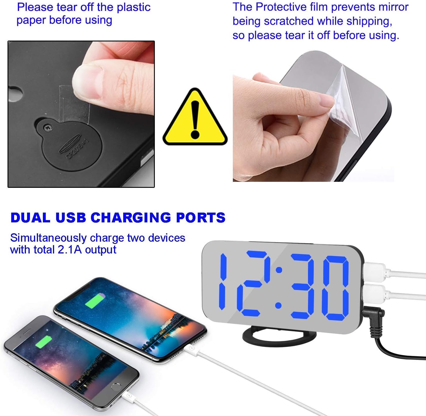 SZELAM Digital Alarm Clock with USB Charger and Mirror Surface