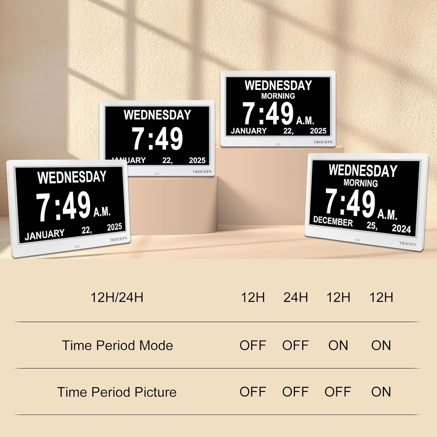 TROCOTN 10 Inch Digital Clock with 5 Display Modes and 12 Custom Alarms