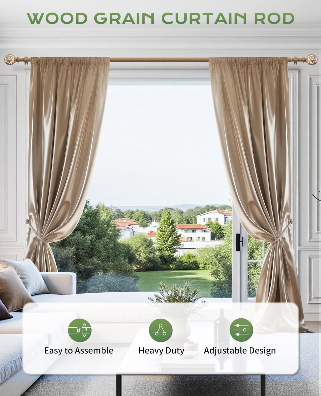 KVEEO Decorative Wood Grain Curtain Rods 36-88 Inch Adjustable