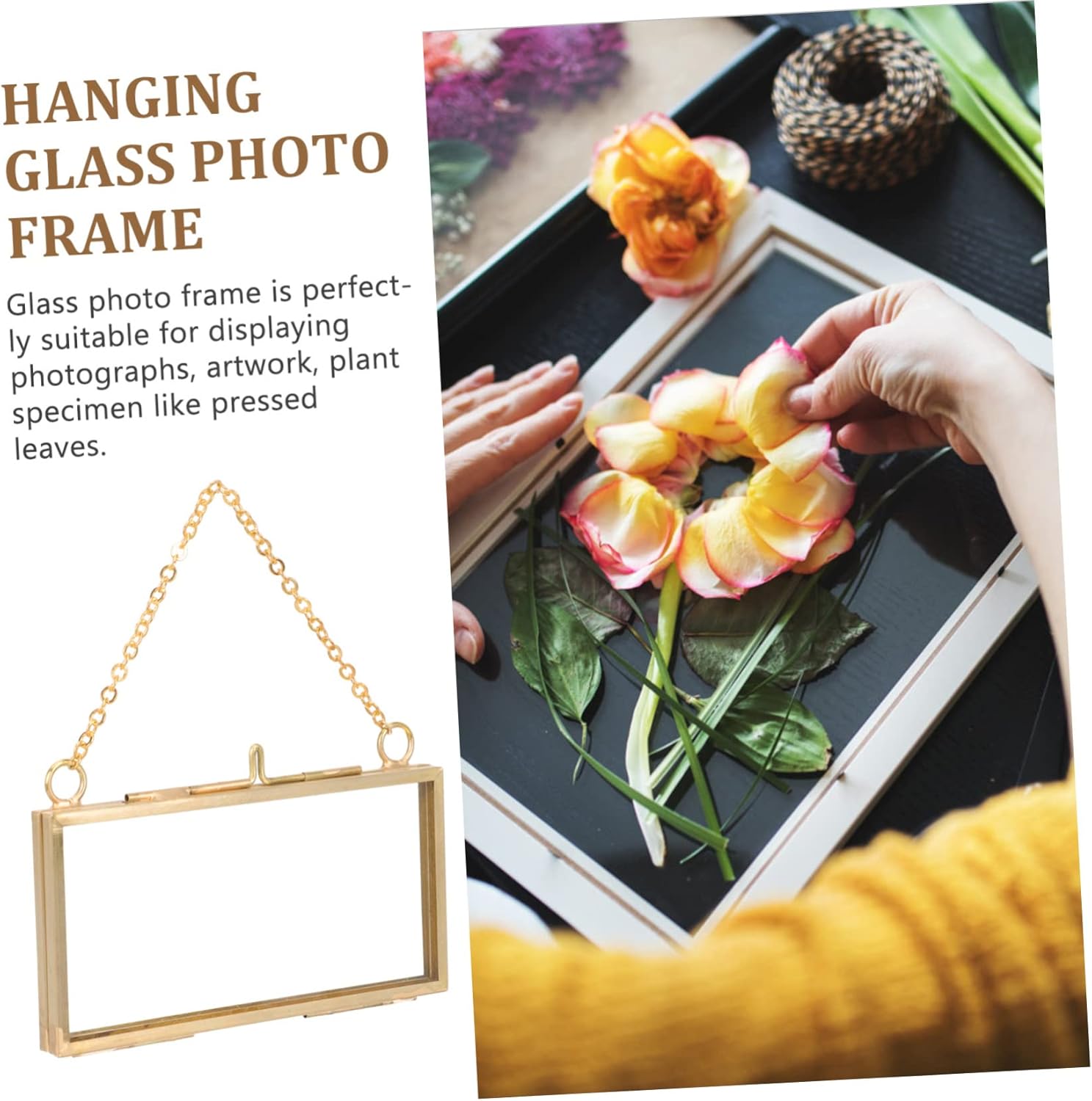 VOSAREA Brass Double Glass Hanging Picture Frame for Flowers and Photos