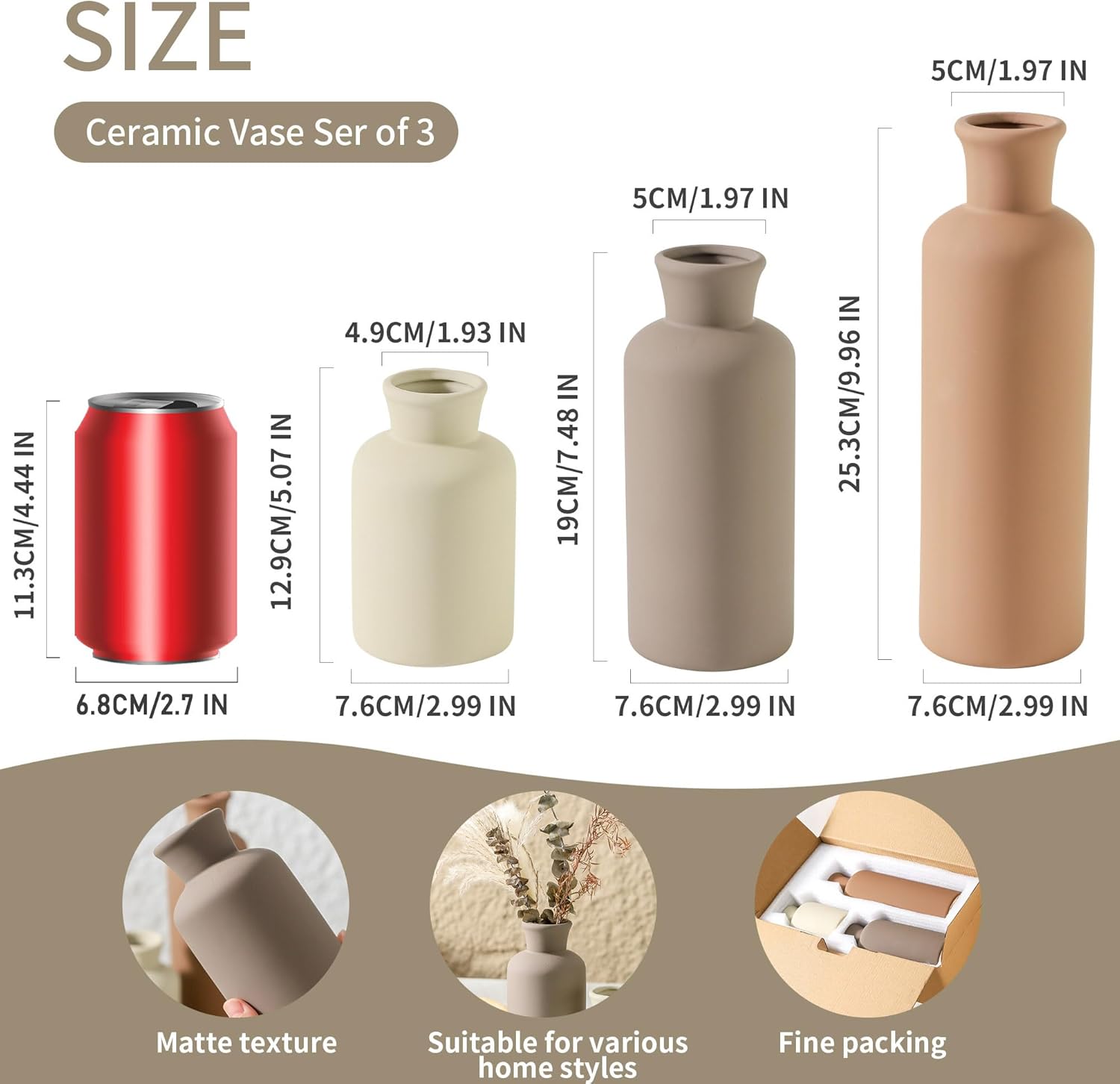 Ceramic Vase Set of 3 Brown Home Decor