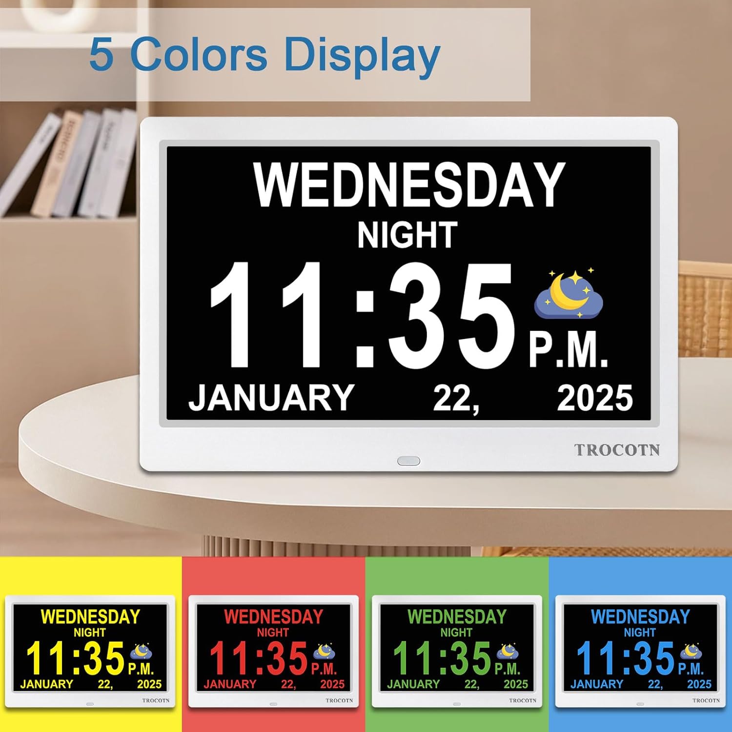 TROCOTN 10 Inch Digital Clock with 5 Display Modes and 12 Custom Alarms