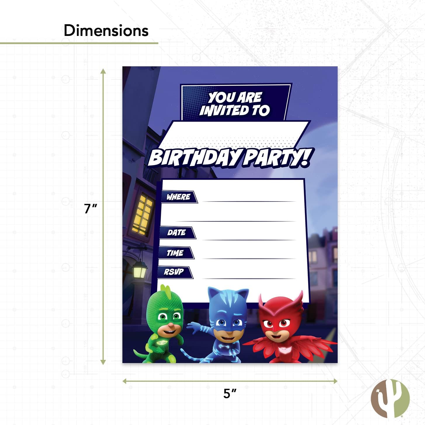 Desert Cactus PJ Masks Party Invites 10 Count With Envelopes Style B