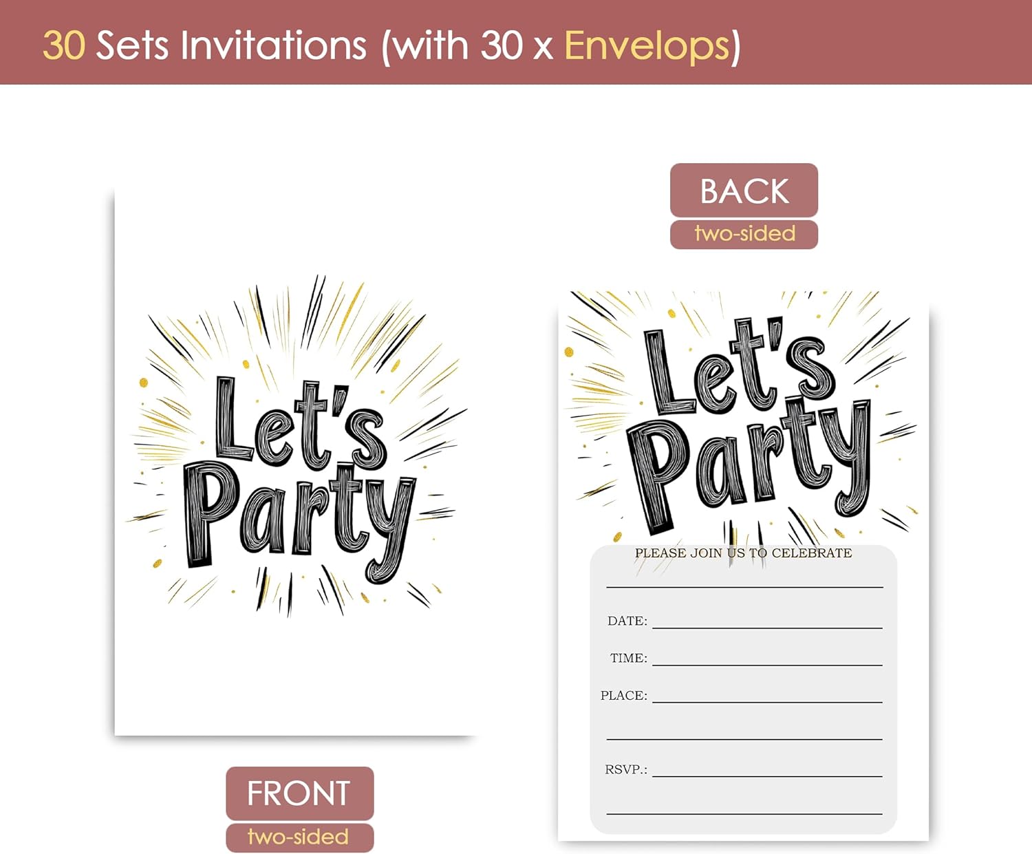 Simple Lets Party Birthday Invitations 30 Sets with Envelopes