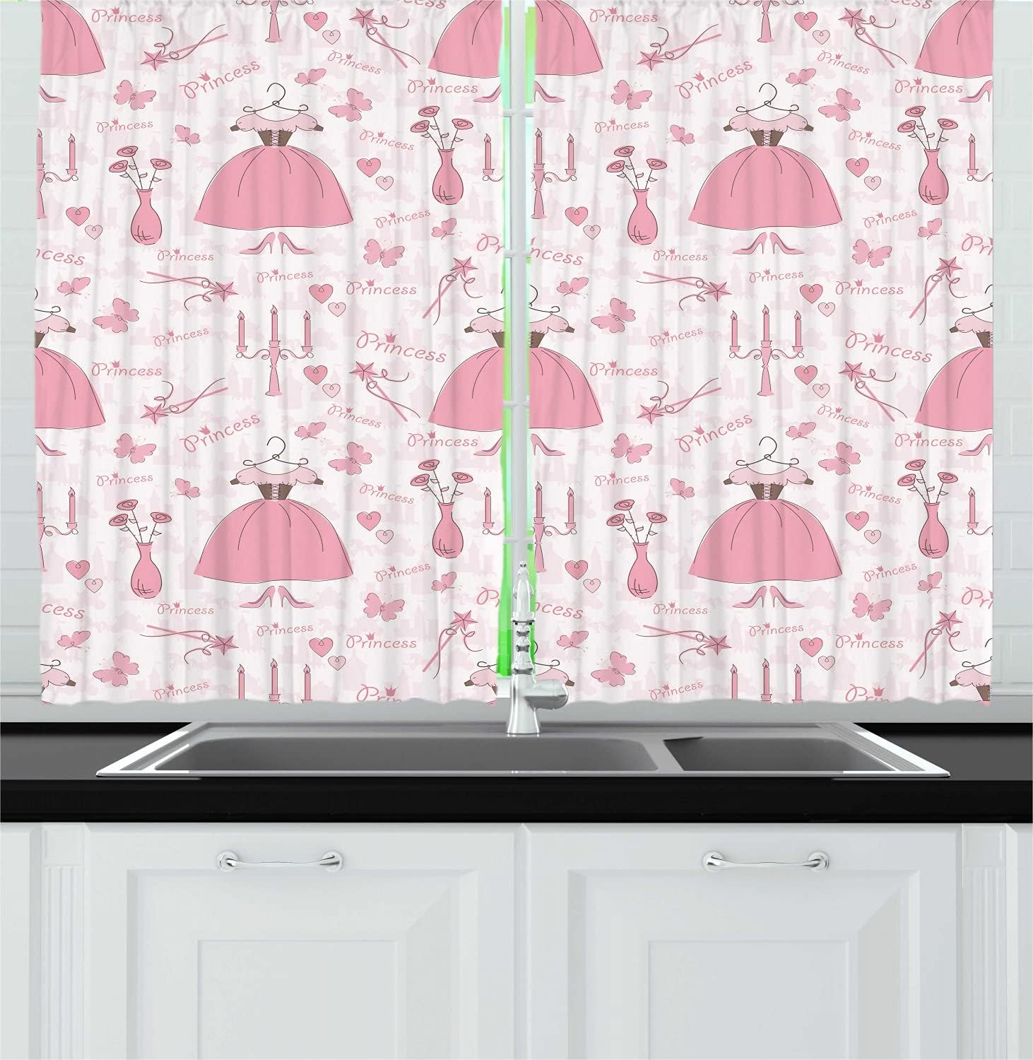 Ambesonne Cartoon Kitchen Curtains Set 2 Panels Rose Pale Pink White