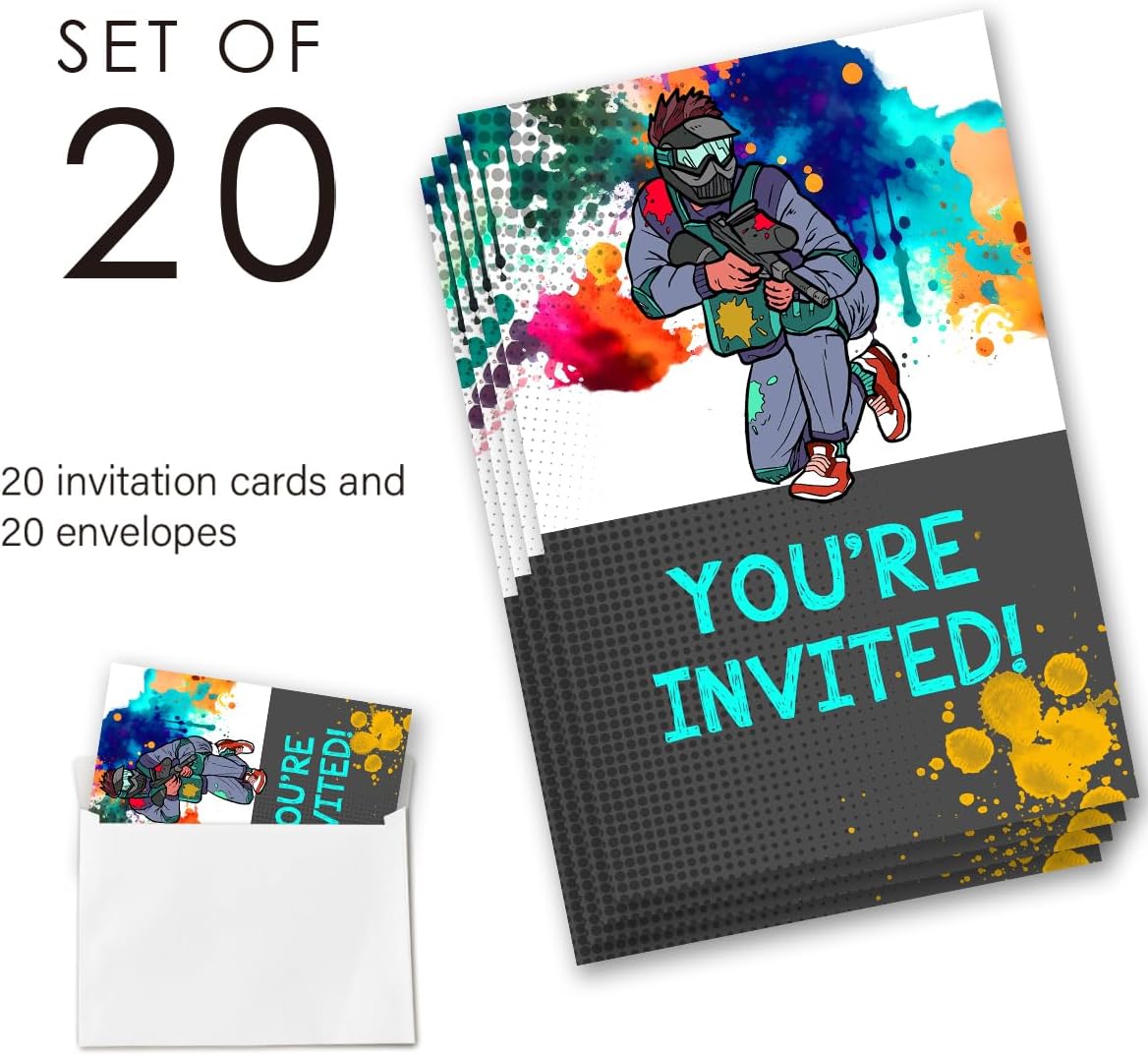 Paintball Birthday Invitation Set with Envelopes for Teen Boys