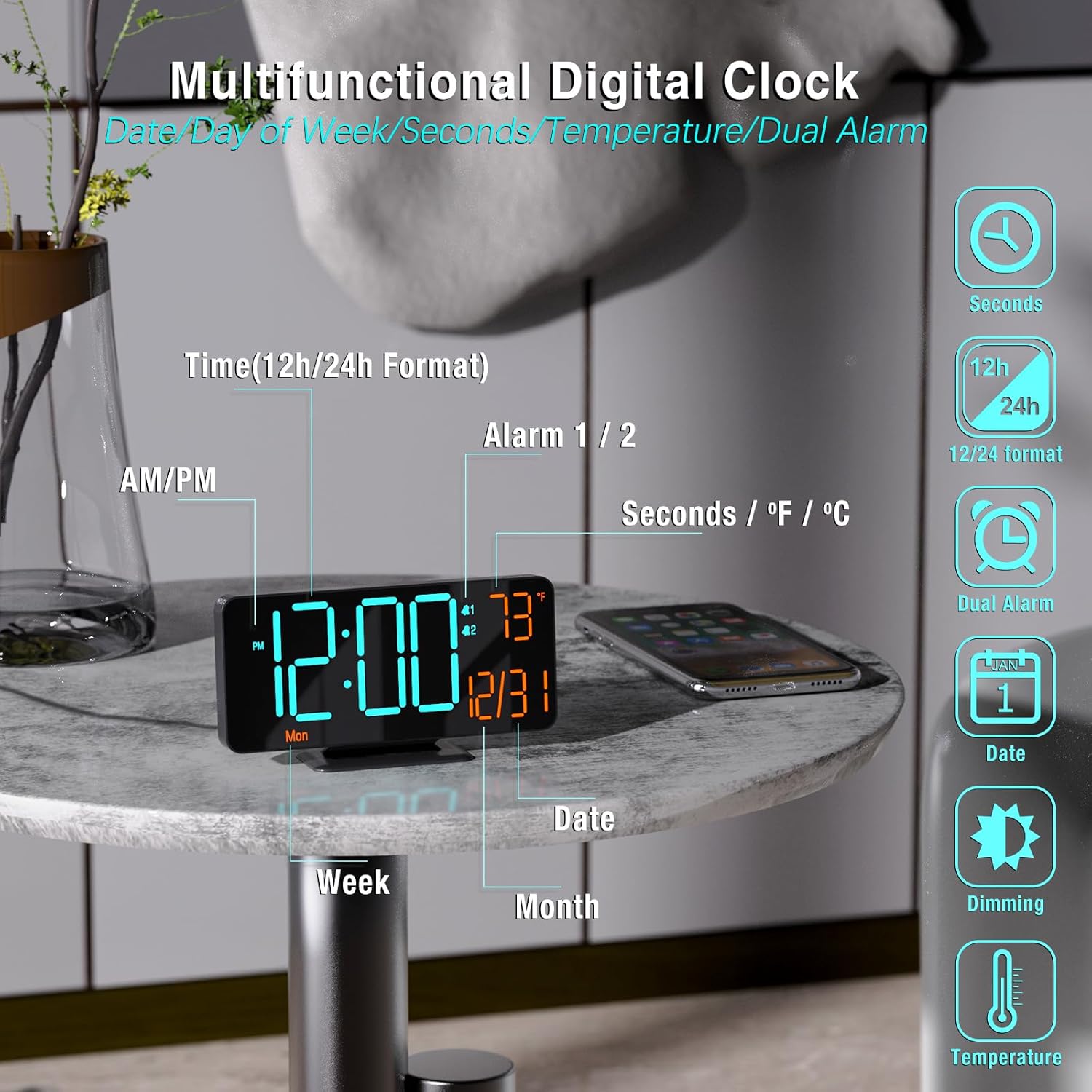 Kosumosu 67 Inch Black Digital Clock with Dual Alarm