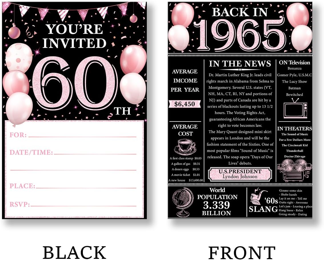 60th Birthday Invites Set - Pink Retro 1965 Design for Women and Men