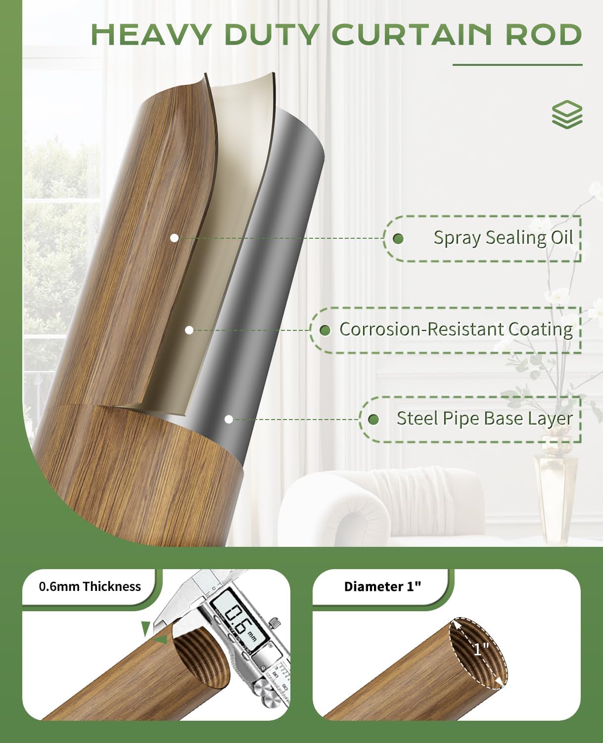 KVEEO Decorative Wood Grain Curtain Rods 36-88 Inch Adjustable