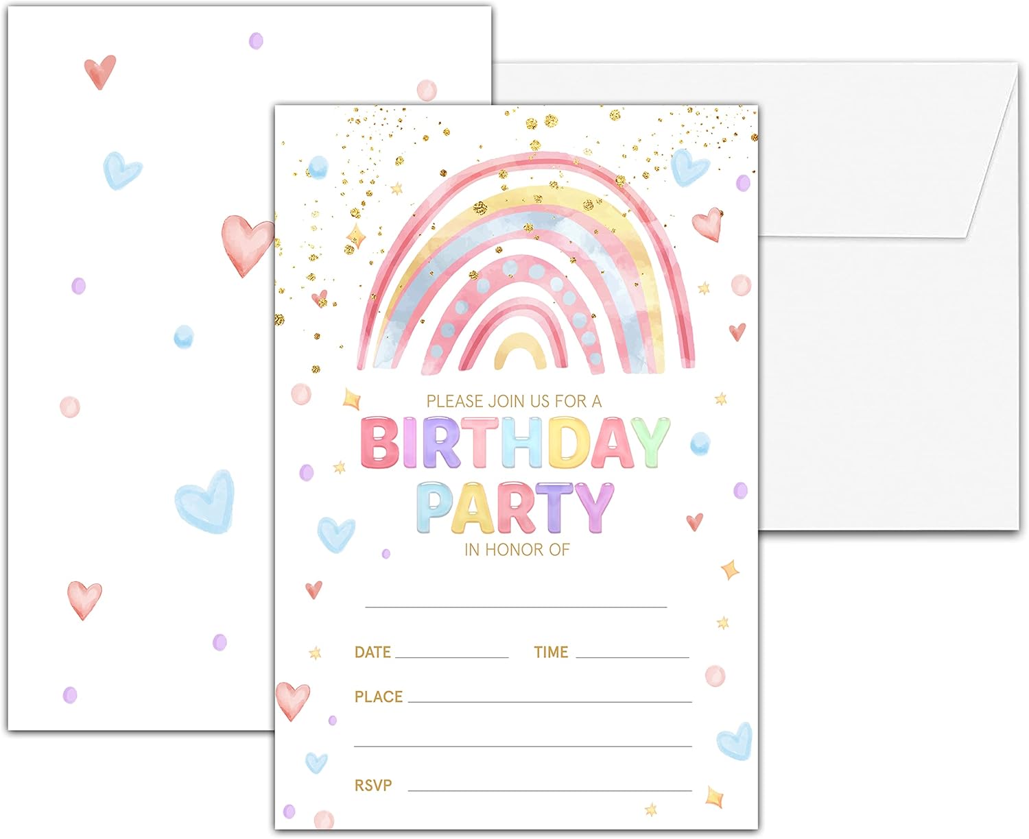 Rainbow Heart Birthday Invitations with Envelopes