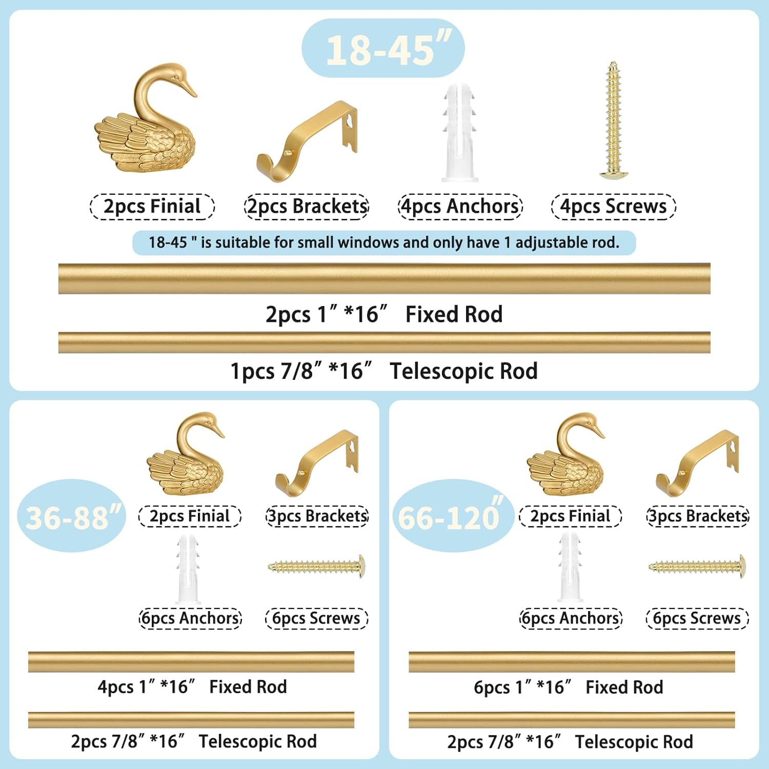 TANGWIN Gold Curtain Rods 48-84 Inch with Swan Finials