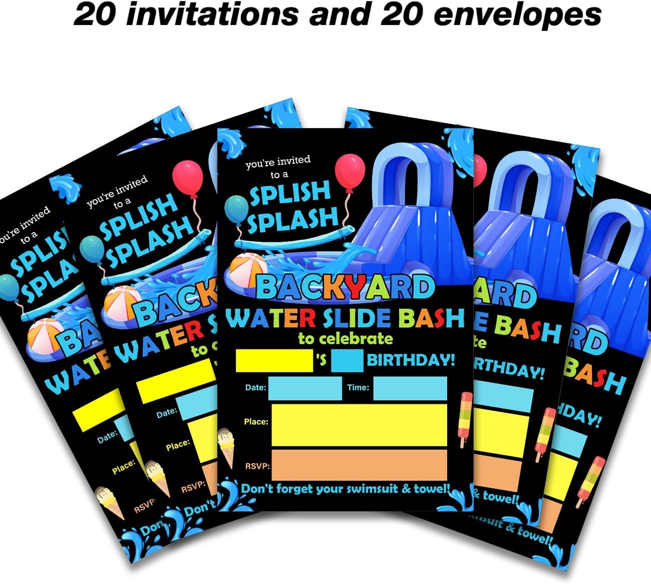 Waterslide Birthday Party Invitations Set of 20 with Envelopes