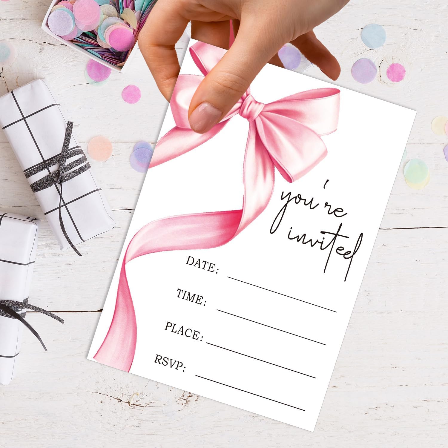 Pink Bow Birthday Party Invitations 20 Pack with Envelopes