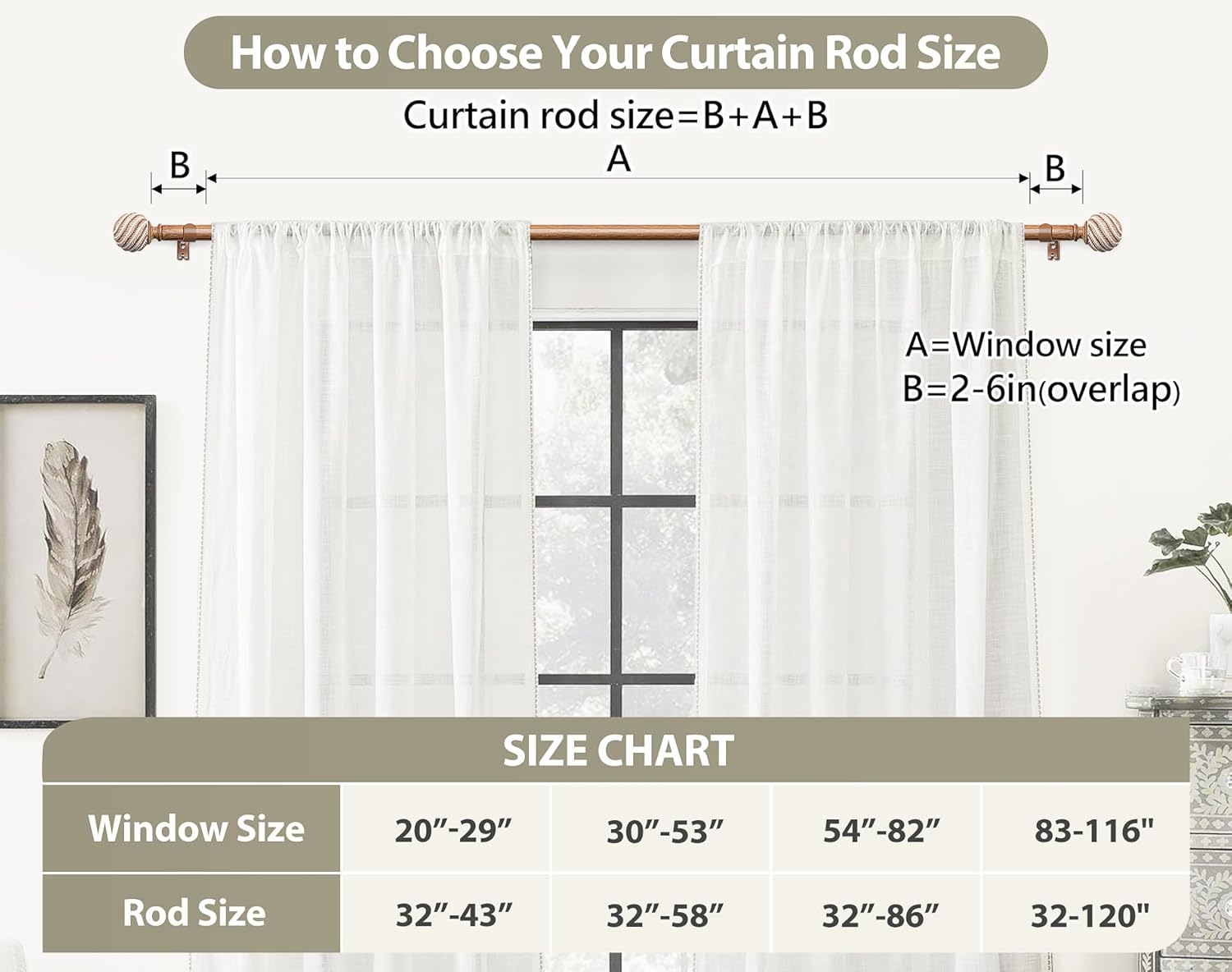 Wood Grain Curtain Rod 32-120 Inches Boho Style
