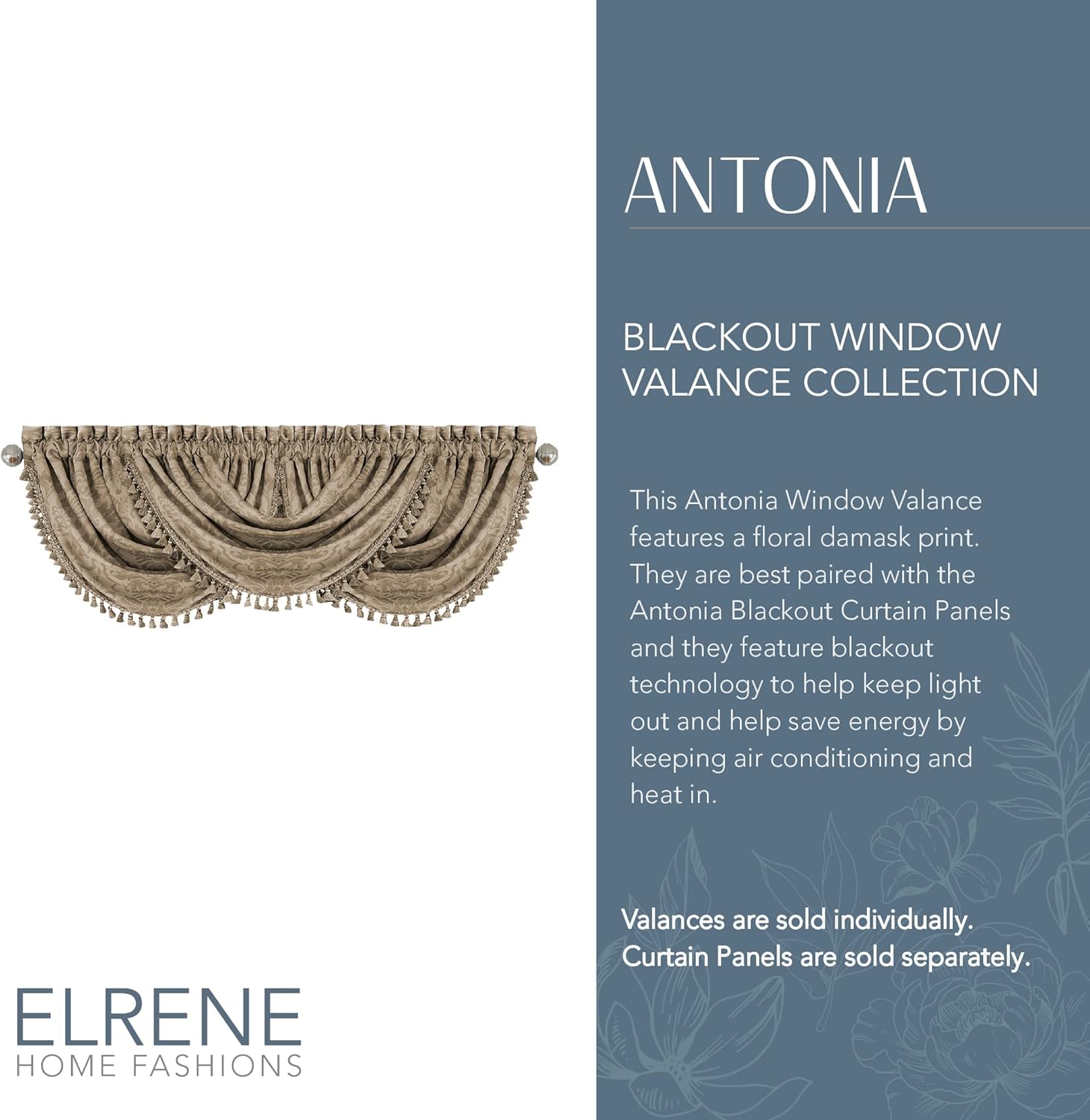Elrene Antonia Floral Damask Window Valance with Tassels 52x36 Taupe