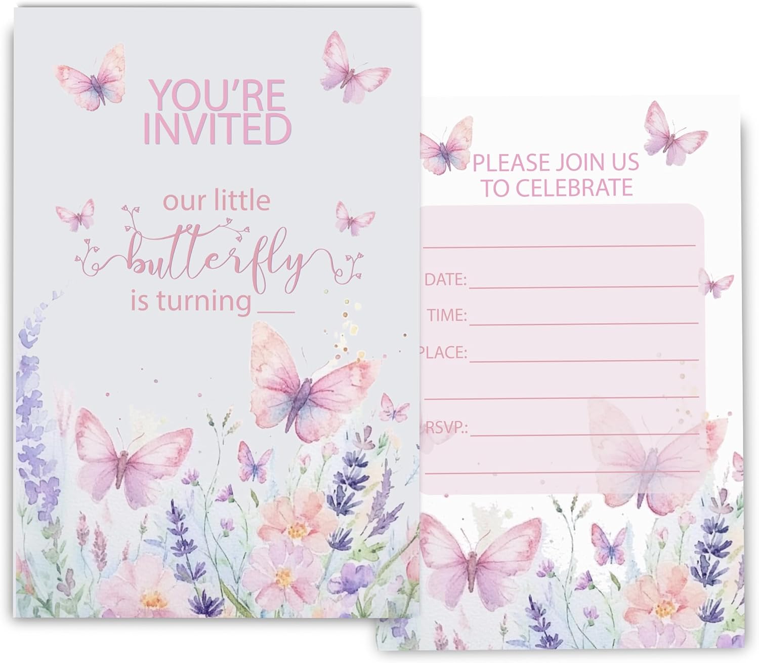 Butterfly First Birthday Invitations for Girls 4x6 30 Sets with Envelopes