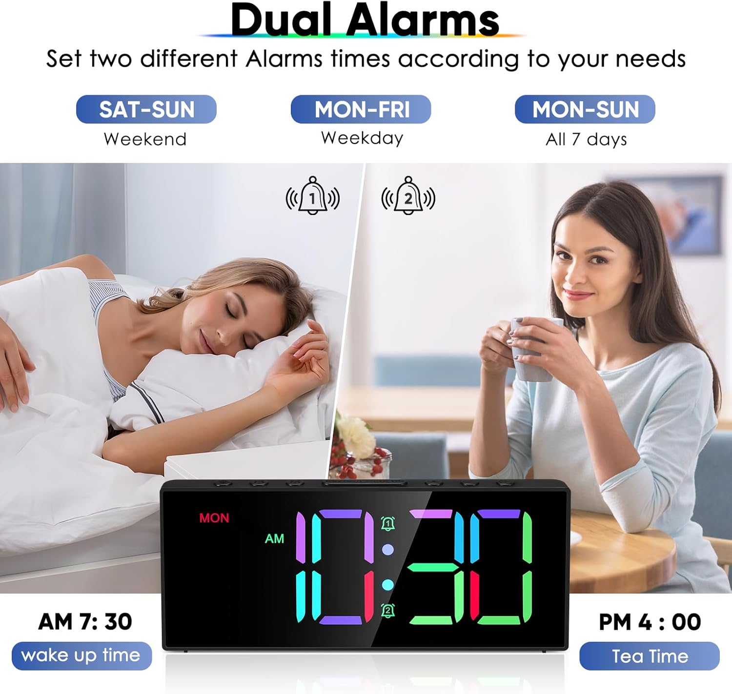 Tetino Loud Alarm Clock with RGB Display and Snooze
