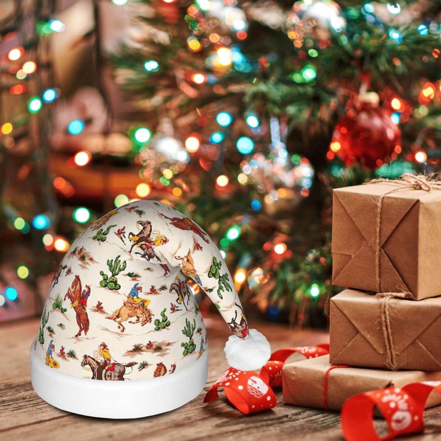 Cowboy Ride Horse Print Christmas Hat with LED