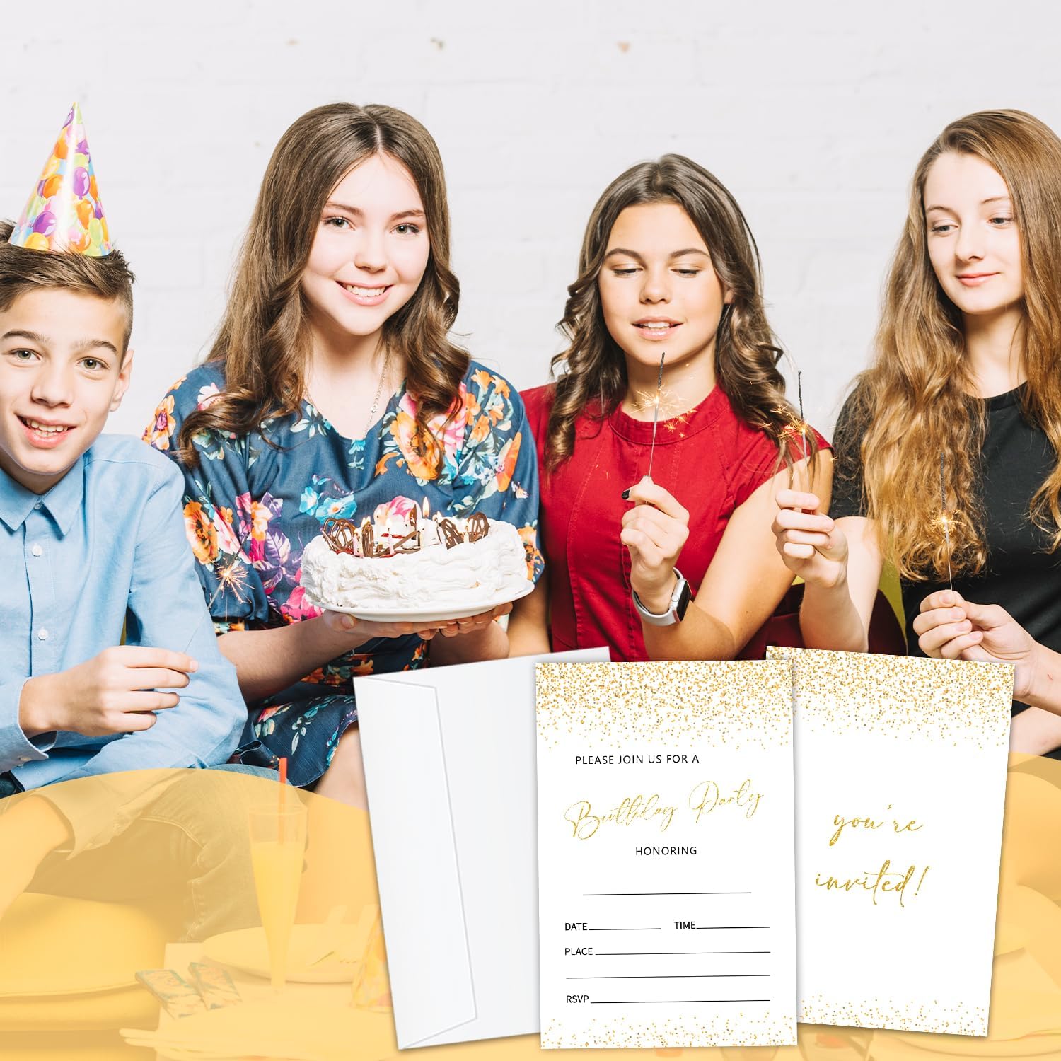 20pcs Gold Glitter Double Sided Birthday Invitations with Envelopes for Boys Girls