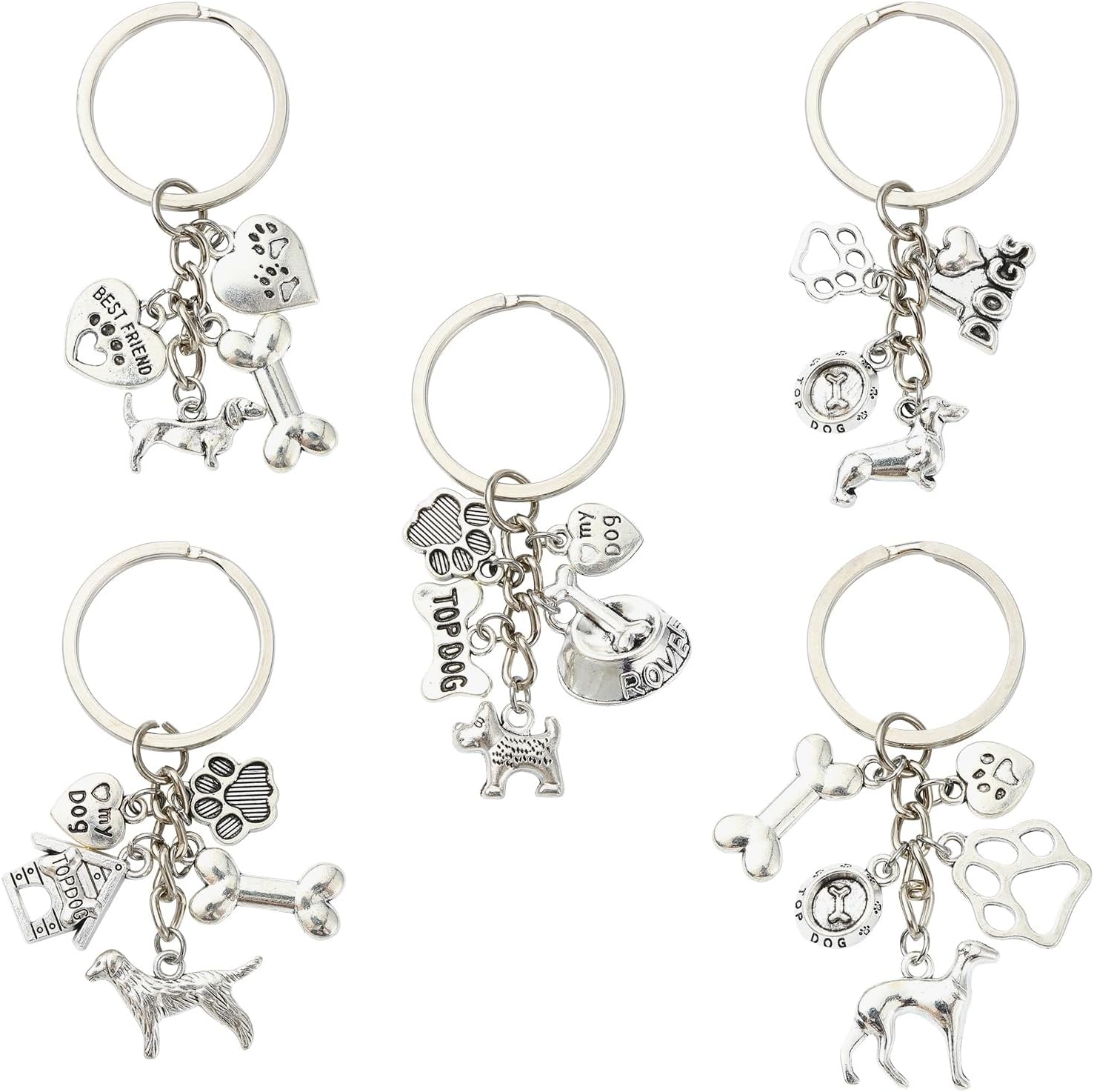 UR URLIFEHALL 5 Piece Antique Silver Dog Keychain Set